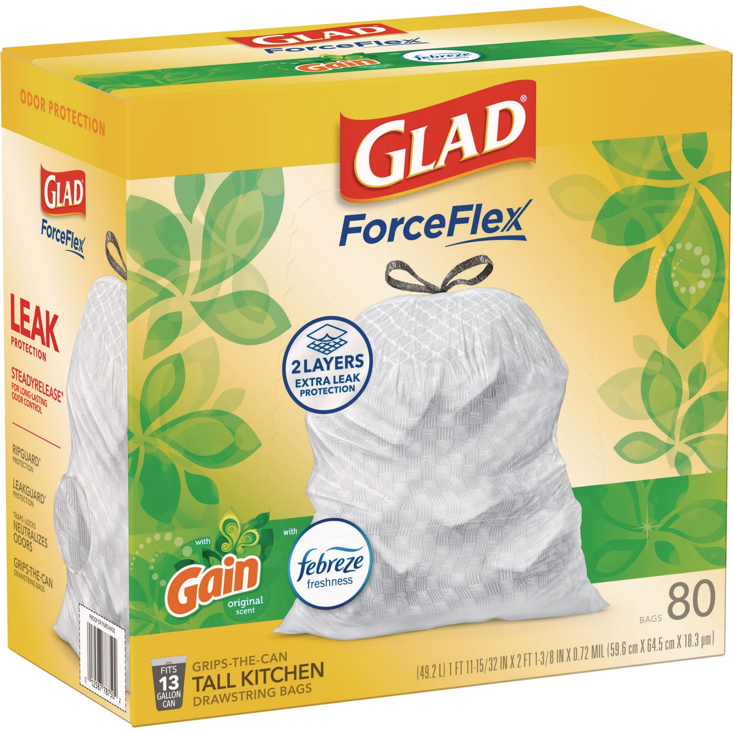 ForceFlex Kitchen Drawstring Trash Bags, 13 gal, Gain Original Scent, 24 x 27.38, White, 80/Box