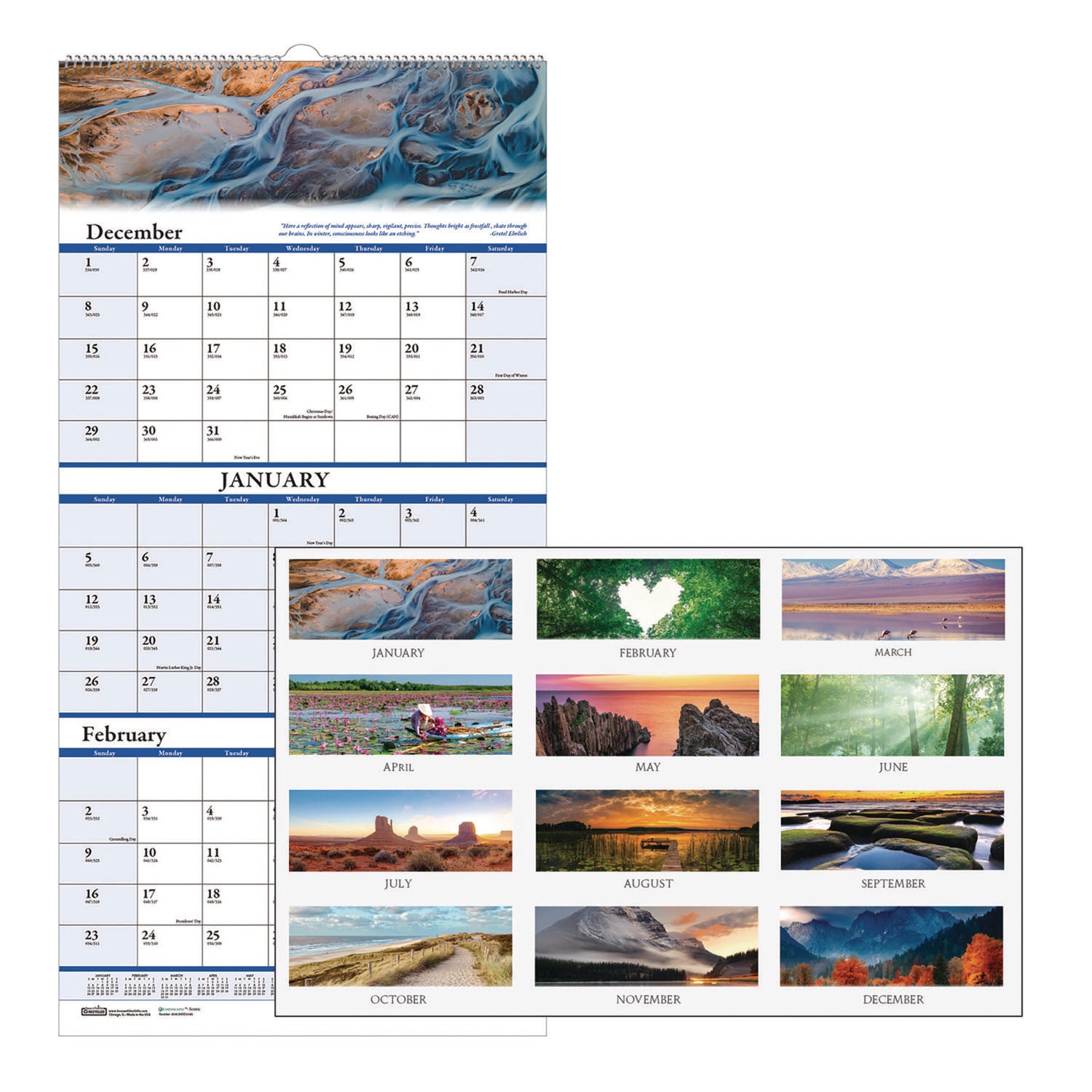 Julian Dates - 14 Month - December 2025 to January 2027 - 3 Month Single Page Layout - 12 1/4" x 27" Sheet Size - 1.75" x 1.13" Block - Wire Bound - White - Paper - Full-Color Scenic Photos - 1 Each