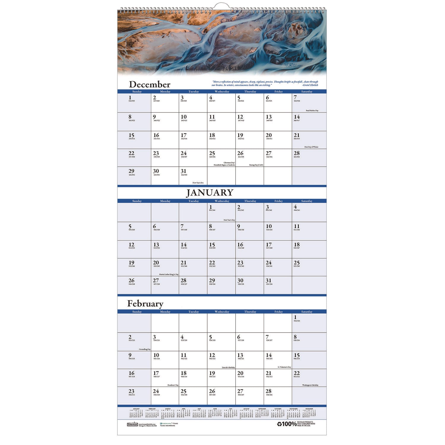 Julian Dates - 14 Month - December 2025 to January 2027 - 3 Month Single Page Layout - 12 1/4" x 27" Sheet Size - 1.75" x 1.13" Block - Wire Bound - White - Paper - Full-Color Scenic Photos - 1 Each