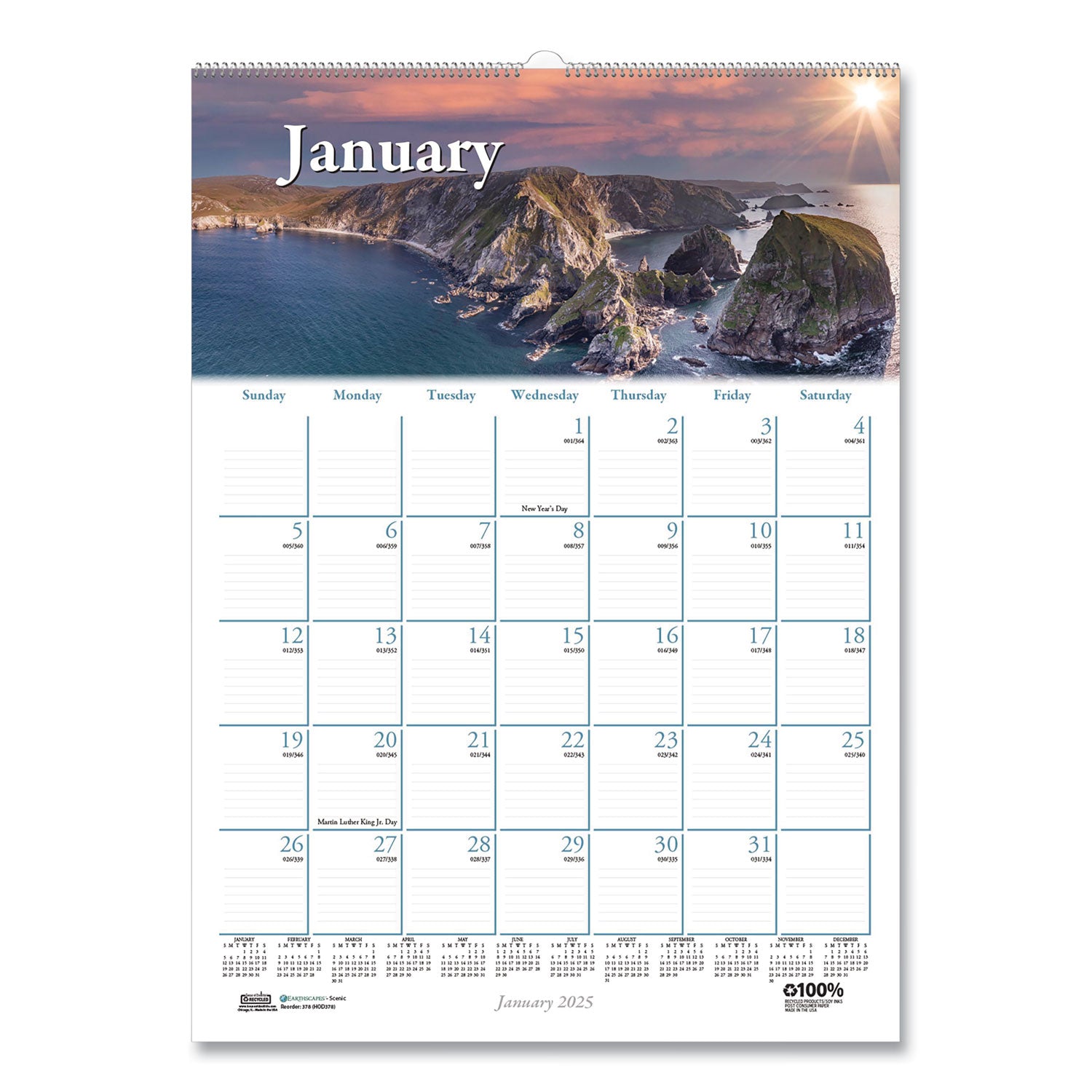 Julian Dates - Monthly - 1 Year - January 2026 to December 2026 - 1 Month Single Page Layout - 12" x 16 1/2" Sheet Size - 2" x 1.63" Block - Wire Bound - White - Paper - Reference Calendar, Hanging Loop - 1 Each