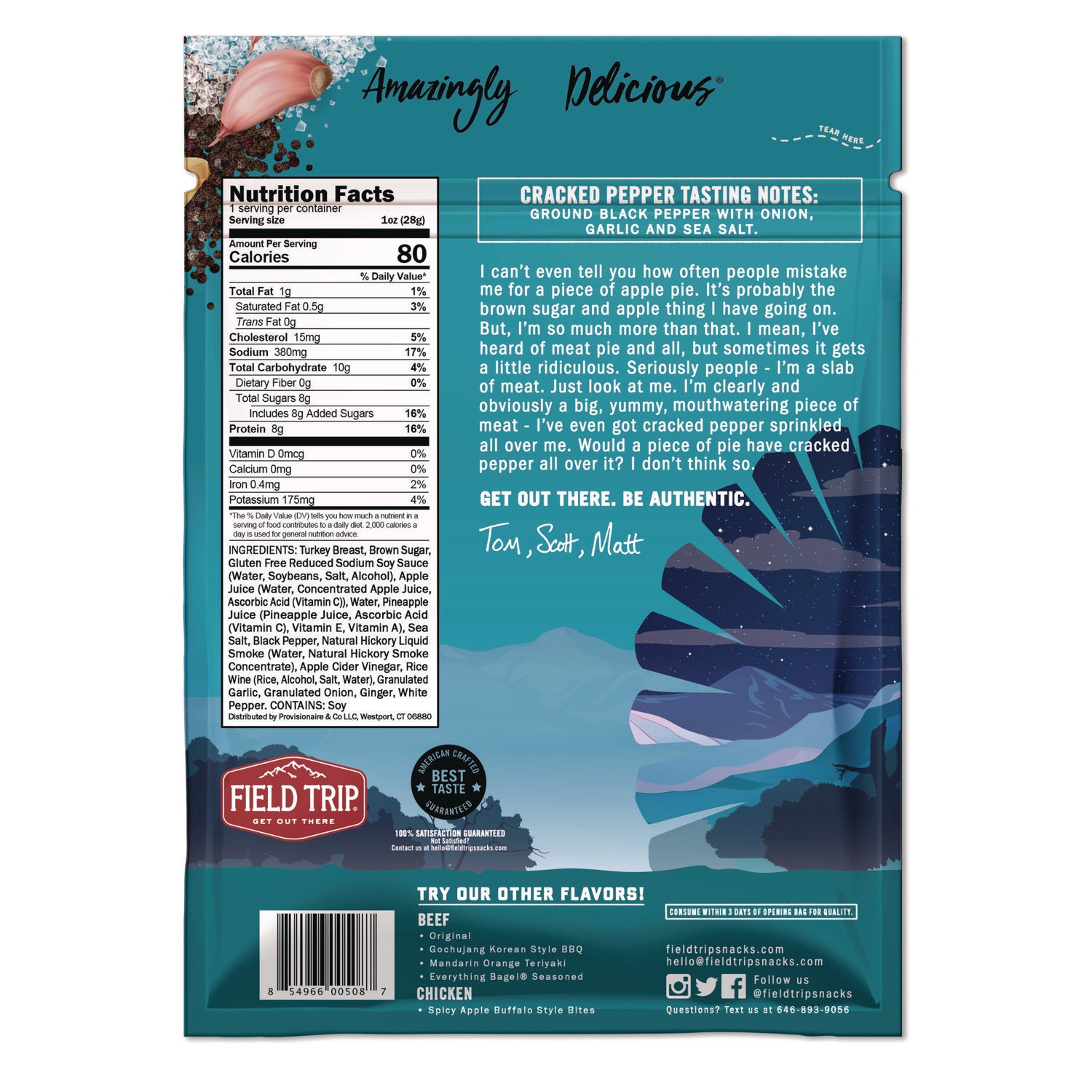 Turkey Jerky, Cracked Pepper Turkey, 1 oz Bag, 12 Bags/Carton
