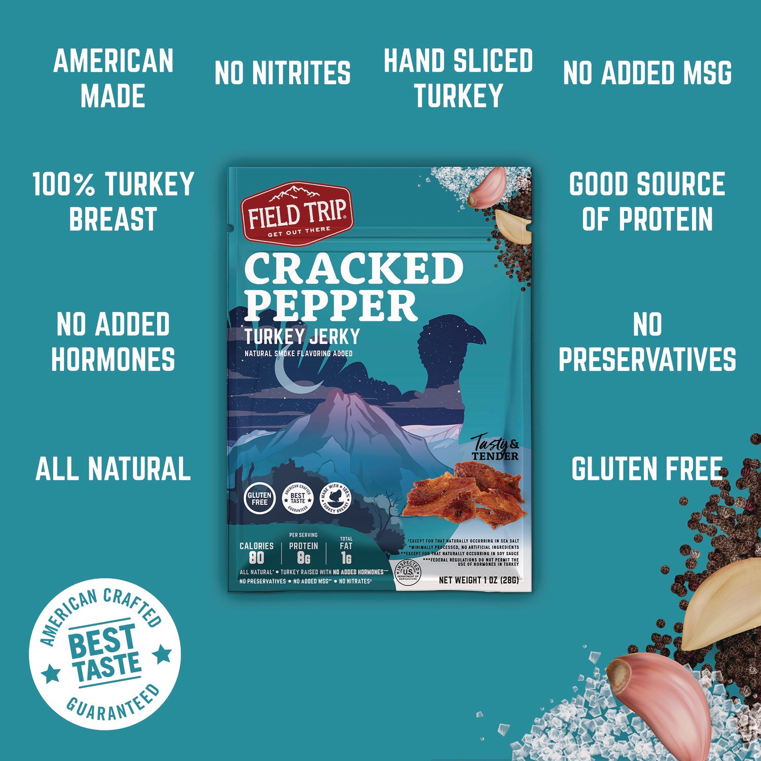 Turkey Jerky, Cracked Pepper Turkey, 1 oz Bag, 12 Bags/Carton