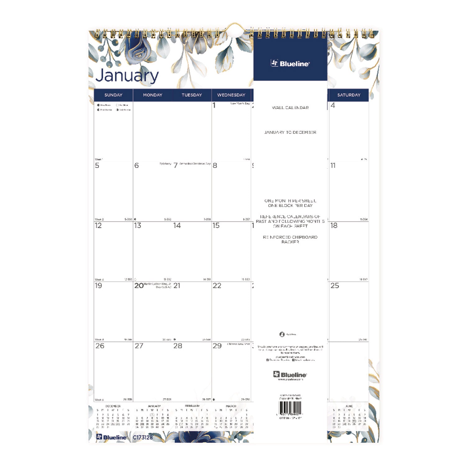 Monthly - 12 Month - January 2026 to December 2026 - 1 Month Single Page Layout - 17" x 12" Sheet Size - Wire Bound - Wall Mount - Abstract Floral - Chipboard - Dated Planning Page, Daily Block, Reference Calendar, Reinforced - 1 Each