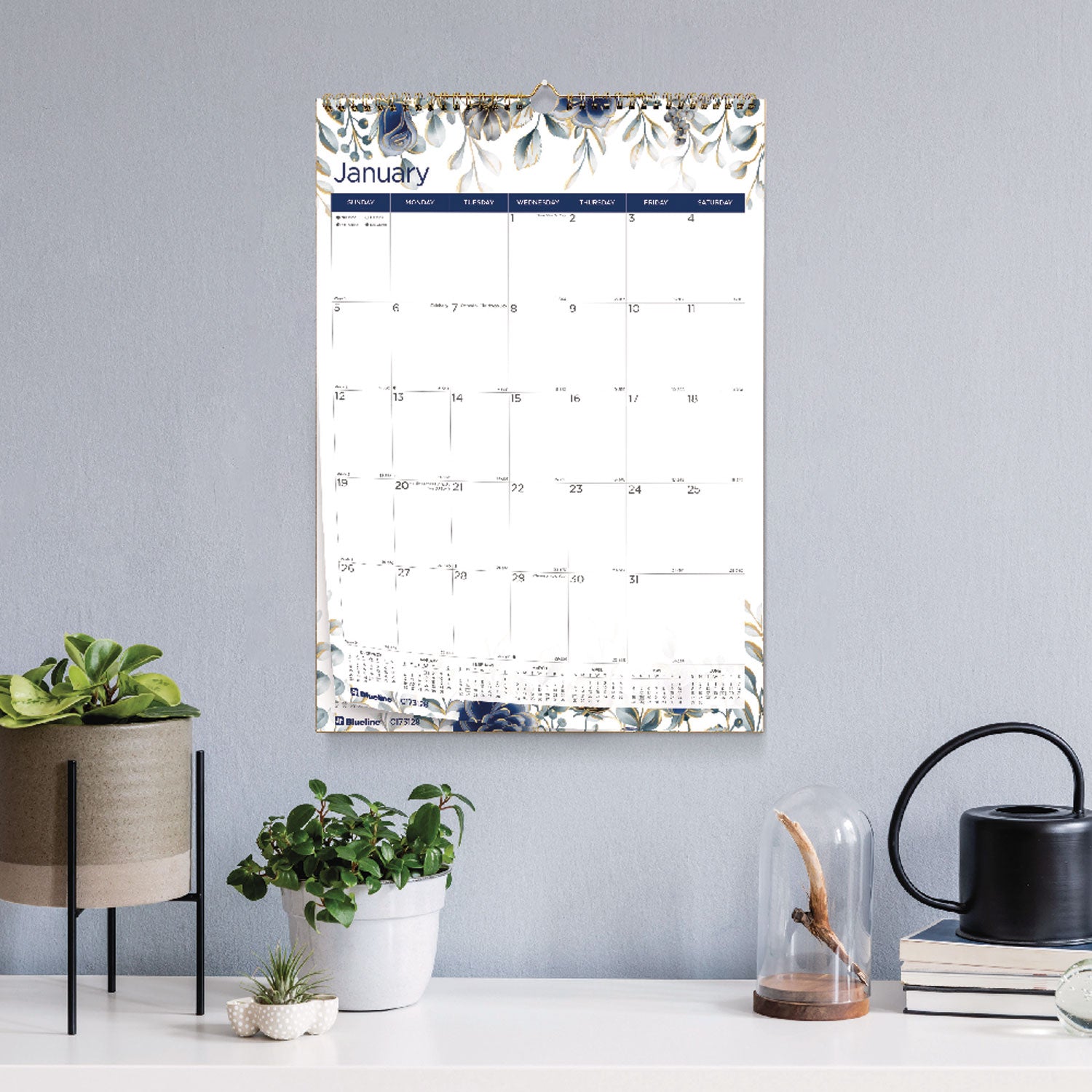 Monthly - 12 Month - January 2026 to December 2026 - 1 Month Single Page Layout - 17" x 12" Sheet Size - Wire Bound - Wall Mount - Abstract Floral - Chipboard - Dated Planning Page, Daily Block, Reference Calendar, Reinforced - 1 Each