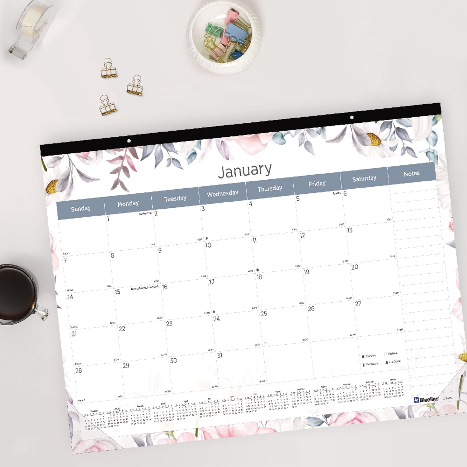 Julian Dates - Monthly - 12 Month - January 2026 to December 2026 - 1 Month Single Page Layout - 22" x 17" Sheet Size - Desk Pad - Floral - Fiber - Notes Area, Tear-off, Moon Phases, Holiday Listing, Reference Calendar, Unruled Daily Block - 1 Each
