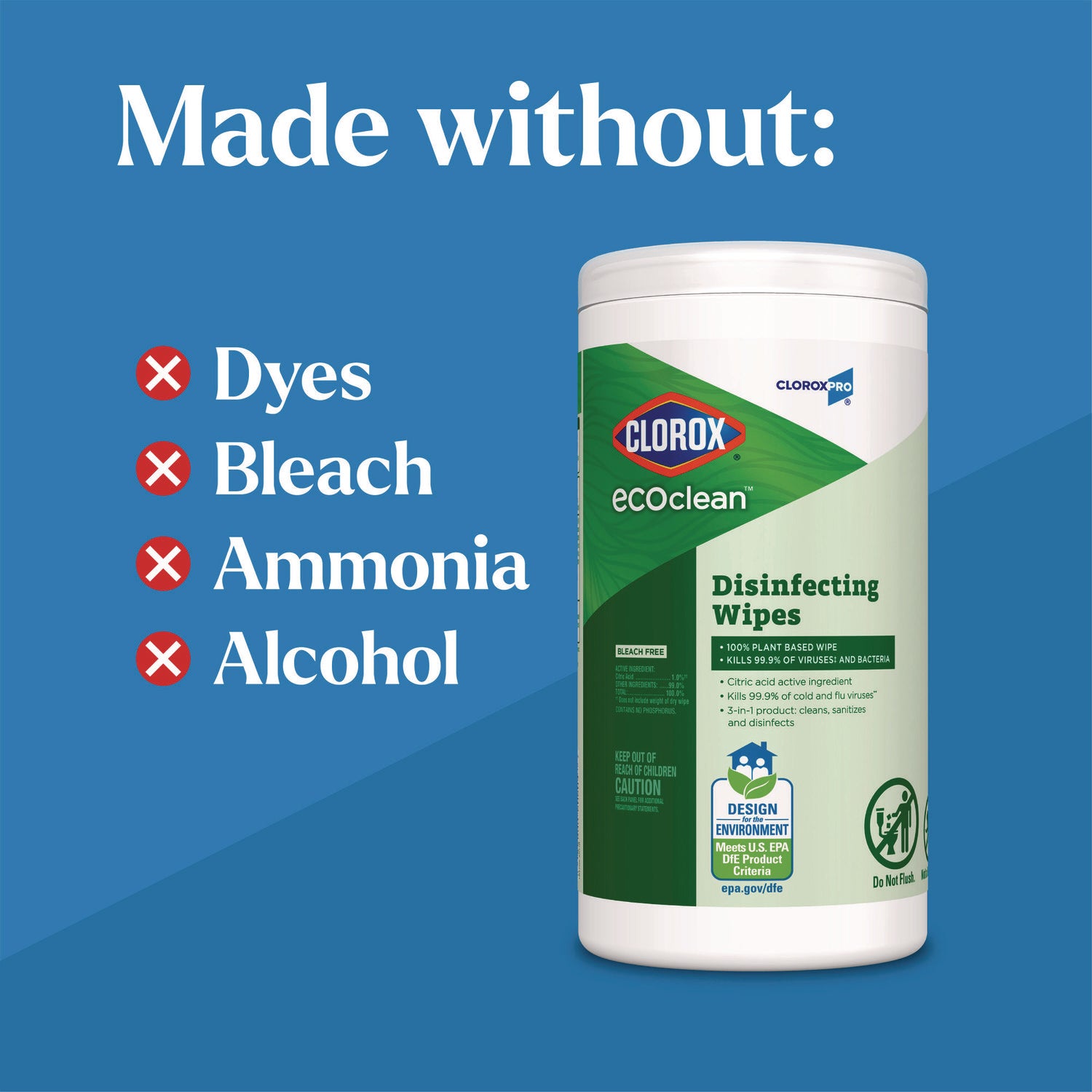 CloroxPro EcoClean Disinfecting Wipes, 1-Ply, 8 x 7, Unscented, White, 75 Count