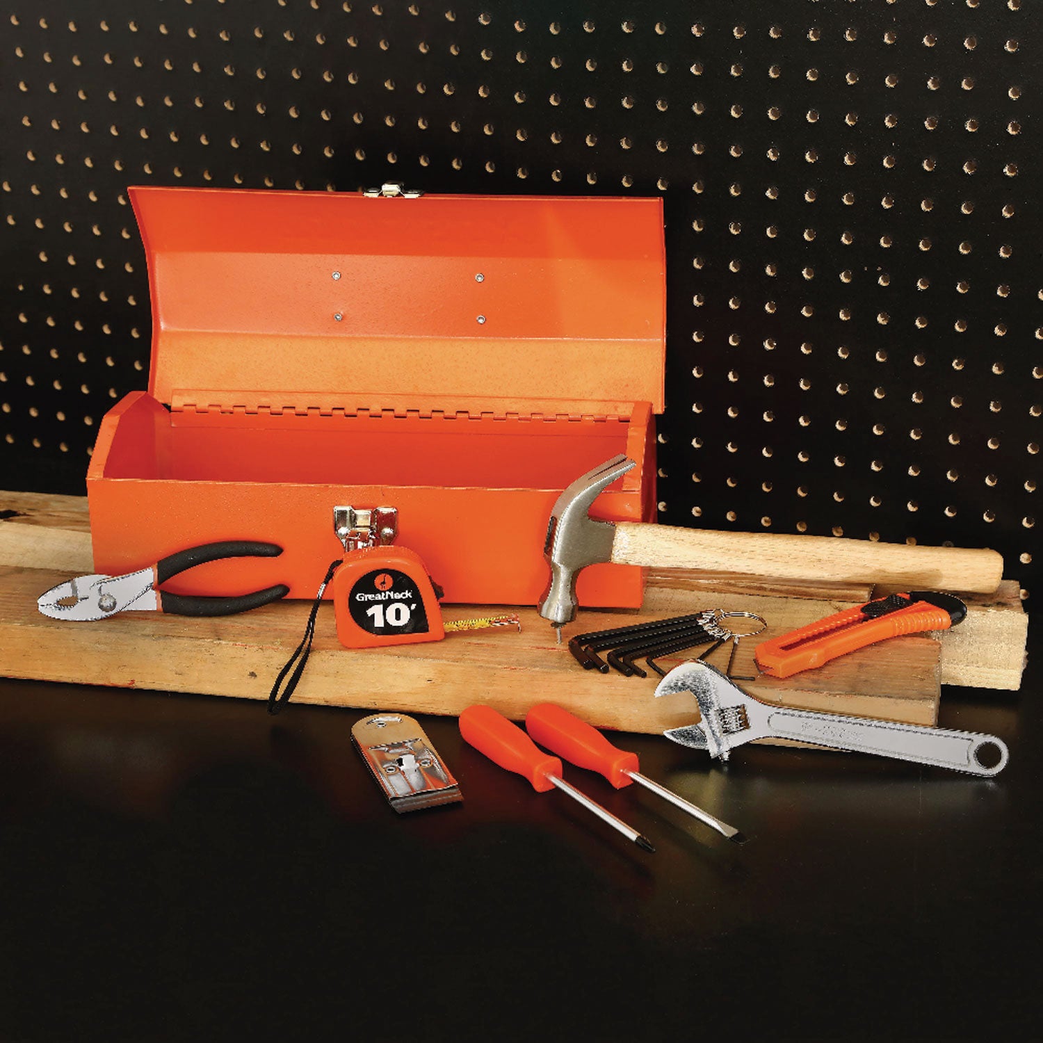 16-Piece Light-Duty Office Tool Kit, Metal Box, Red