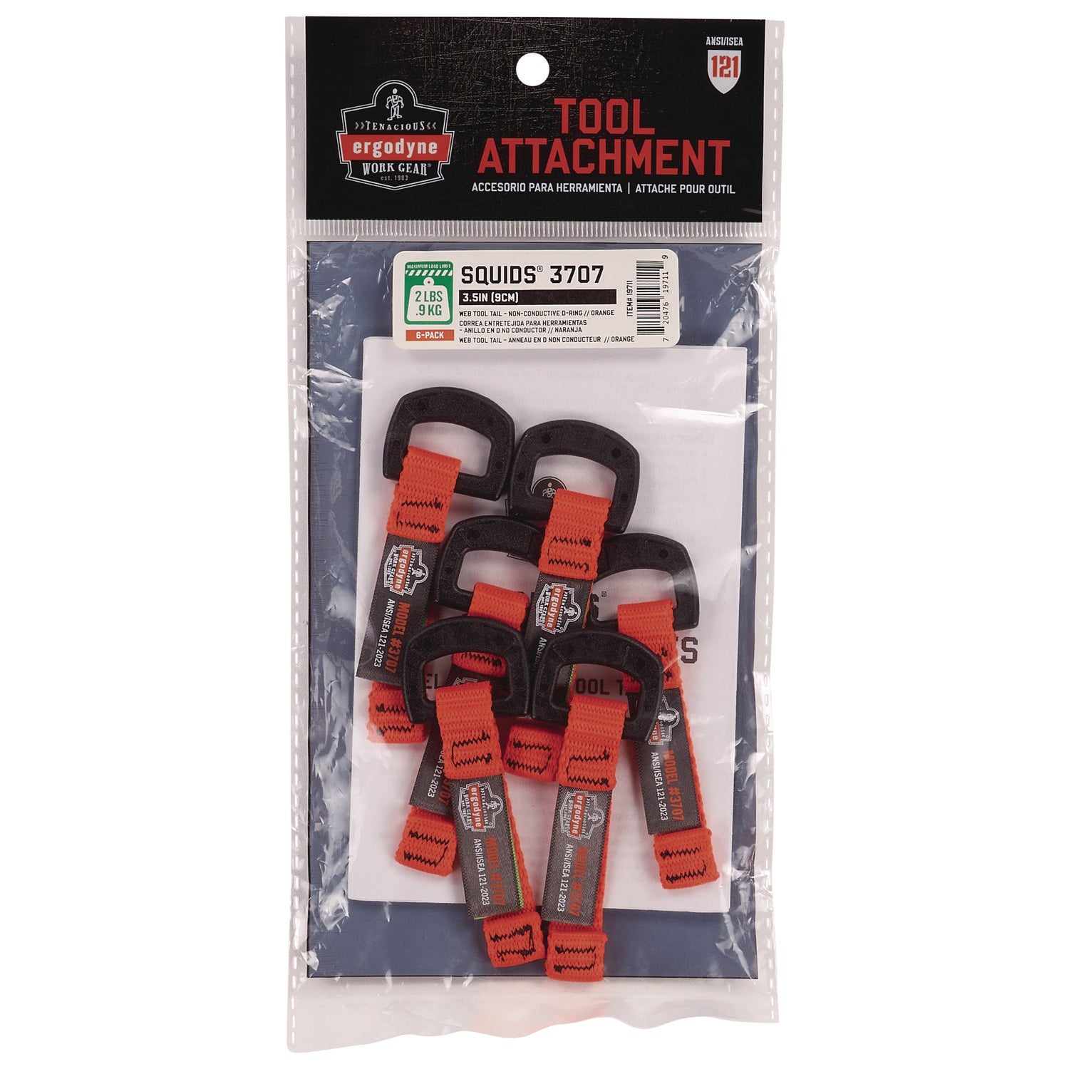 Squids 3707 Web Tool Tether Attachment w/ Non-Conductive D-Ring Tool Tails, 2 lb Max Working Capacity, 3.5", Orange, 6/Pack