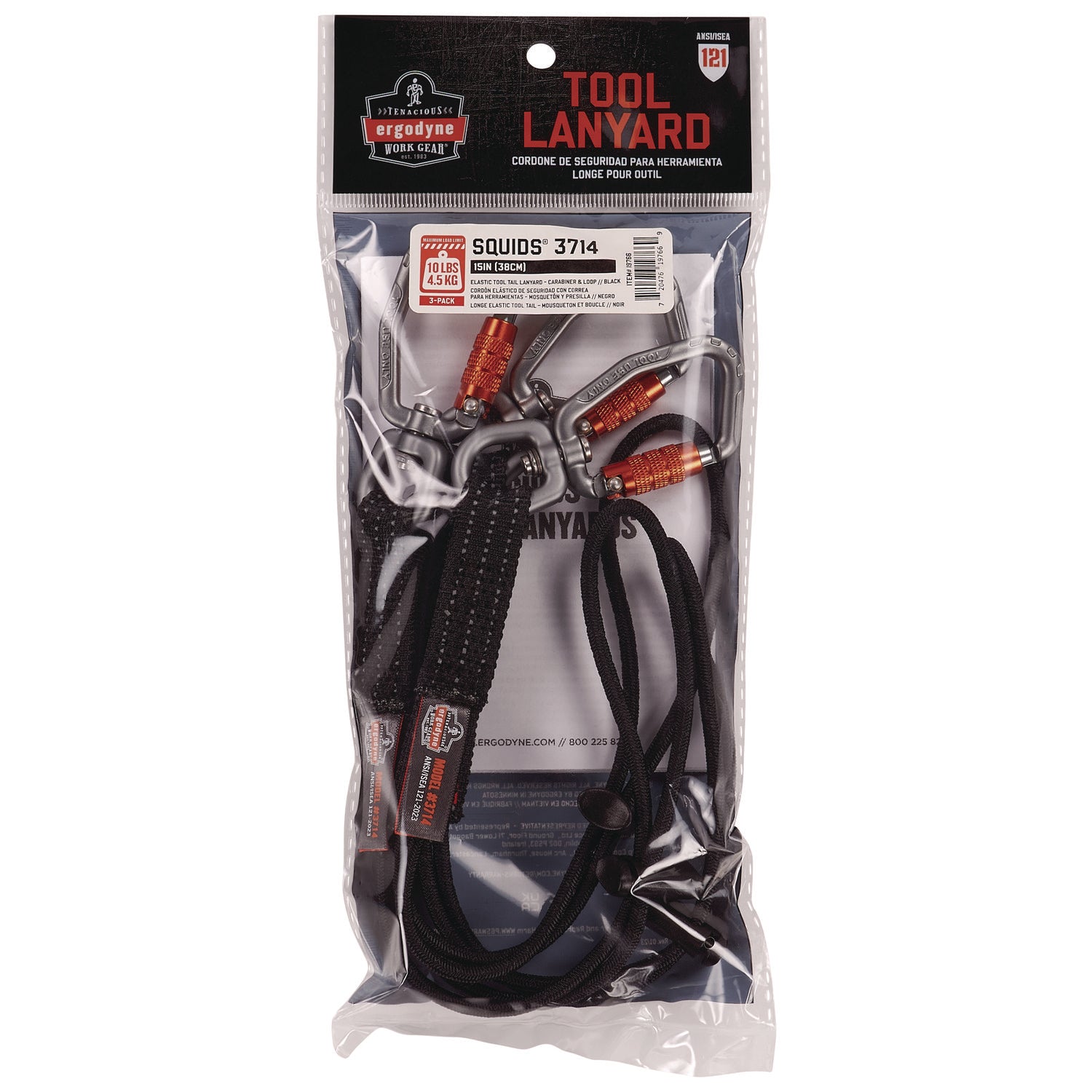 Squids 3714 Elastic Tool Tail Lanyard w/Carabiner and Cinch Loop, 10 lb Max Working Capacity, 15" Long, Black, 3/Pack