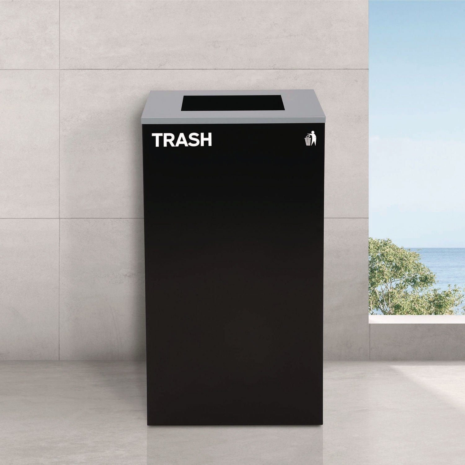 29 Gallon Trash/Recycling Cans, Steel, Blue Mixed Recycling Can with Square Lid, Black Trash Can with Square Lid