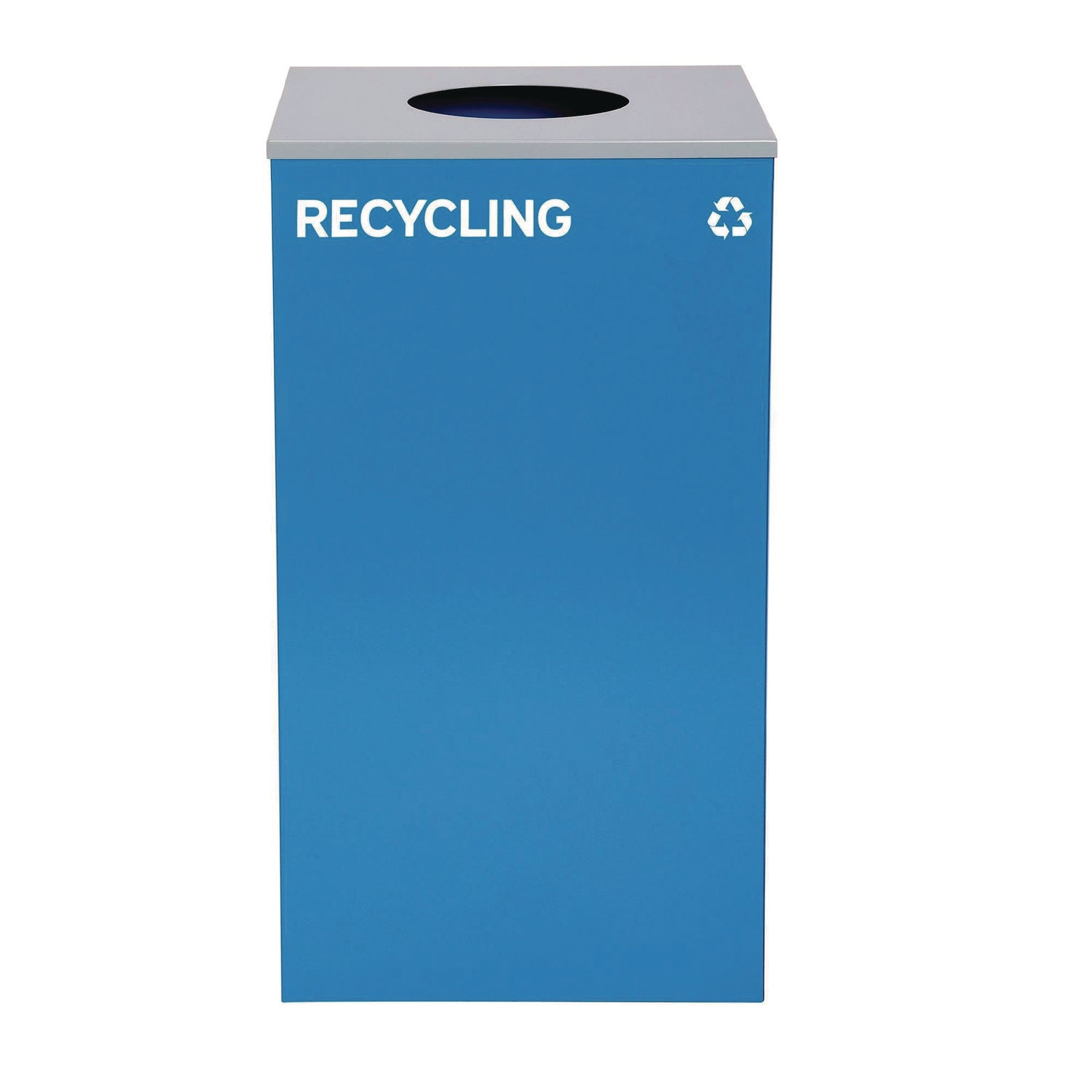 29 Gallon Trash/Recycling Cans, Steel, Blue Recycling with Circle Lid, Black Trash Can with Square Lid