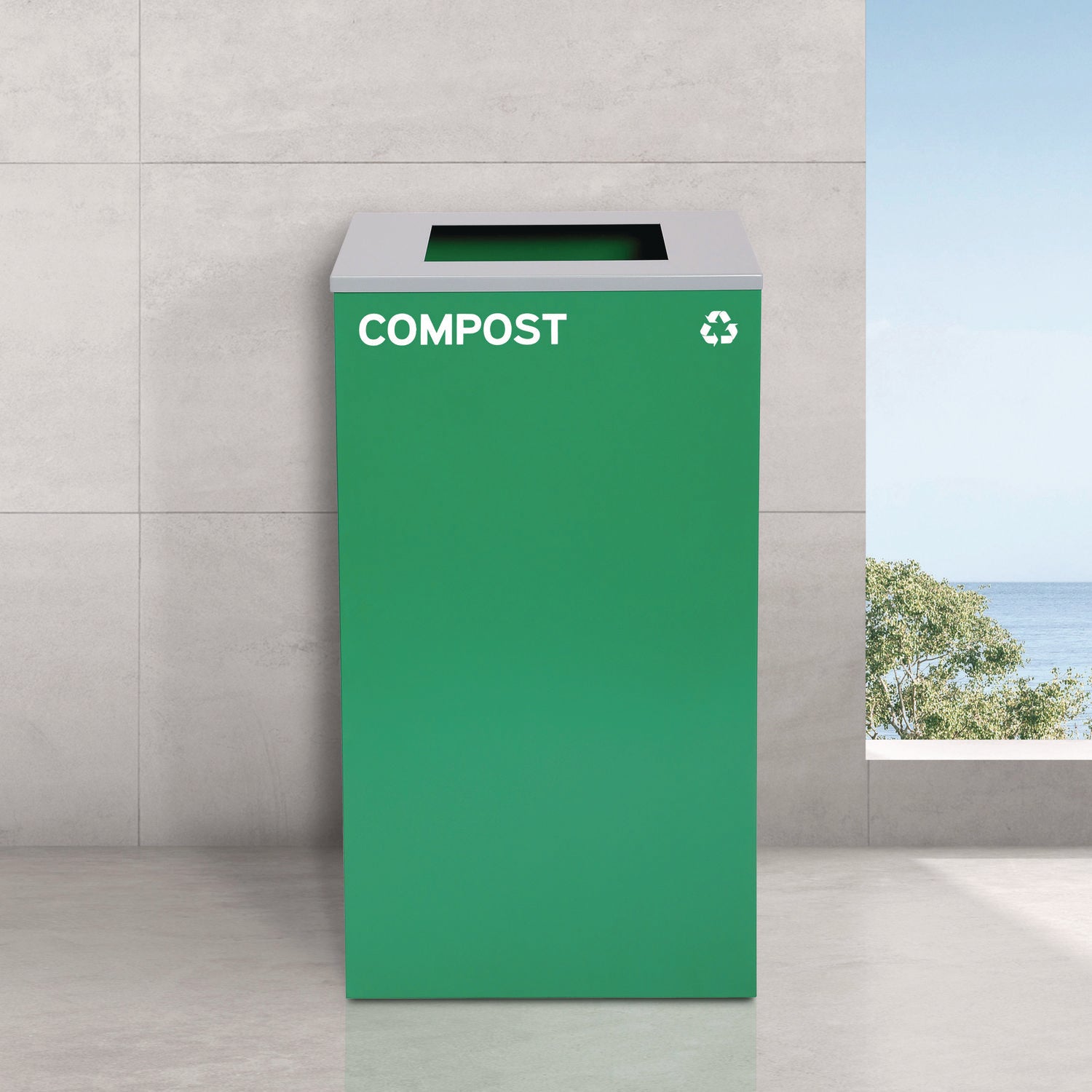 29 Gallon Trash/Recycling Cans, Steel, Blue Mixed Recycling Can, Green Compost Can, Black Trash Can with Square Lids