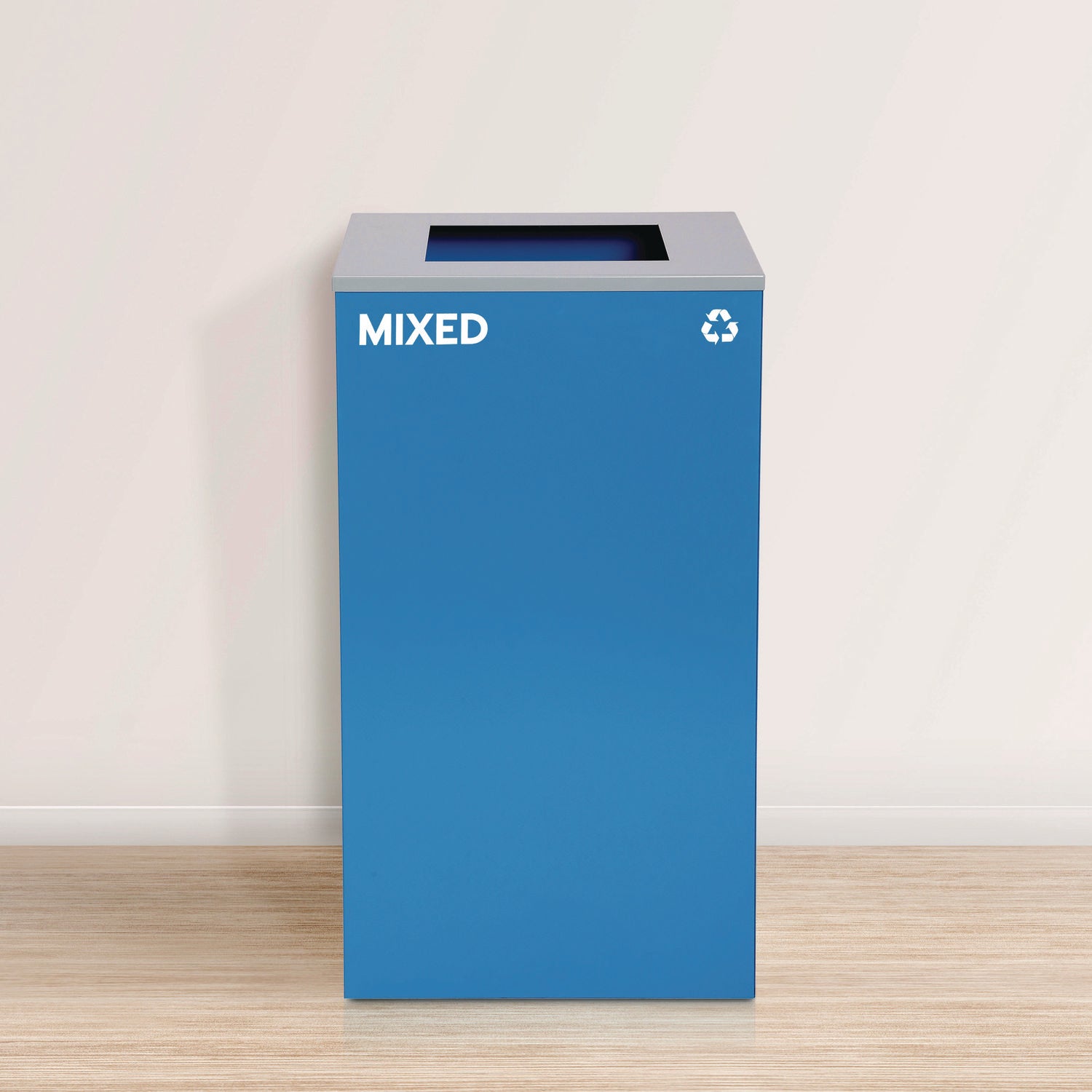 29 Gallon Trash/Recycling Cans, Steel, Blue Mixed Recycling Can, Green Compost Can, Black Trash Can with Square Lids