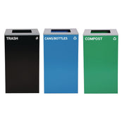 29 Gallon Trash/Recycling Cans, Steel, Blue Cans/Bottles Recycling Can, Green Compost Can, Black Trash Can with Square Lids