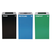 29 Gallon Trash/Recycling Cans, Steel, Blue Recycling Can/Mixed Lid, Green Compost Can and Black Trash Can with Square Lids