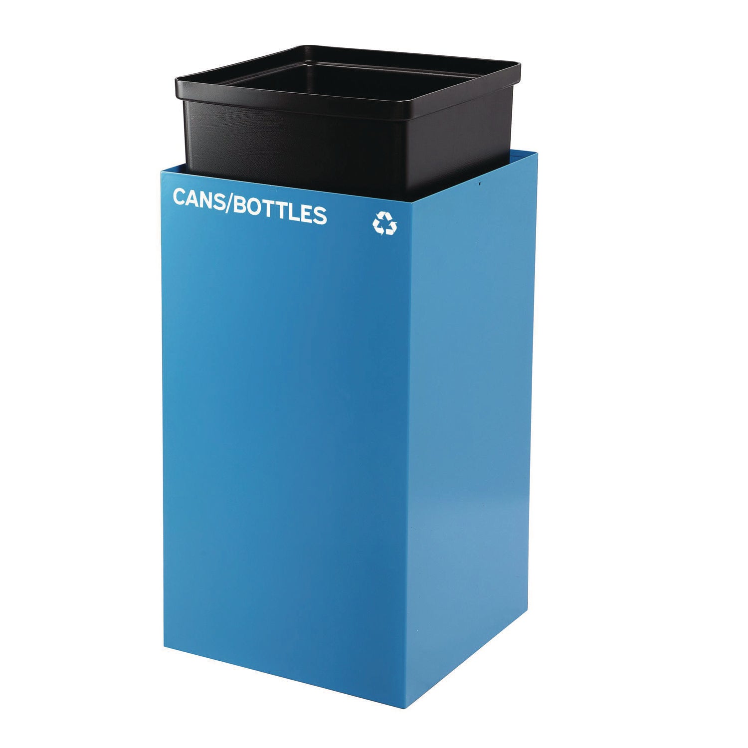 29 Gallon Trash/Recycling Cans, Steel, Blue Cans/Bottles Recycling Can w/Mixed Lid, Green Compost and Black Trash w/Sq Lid