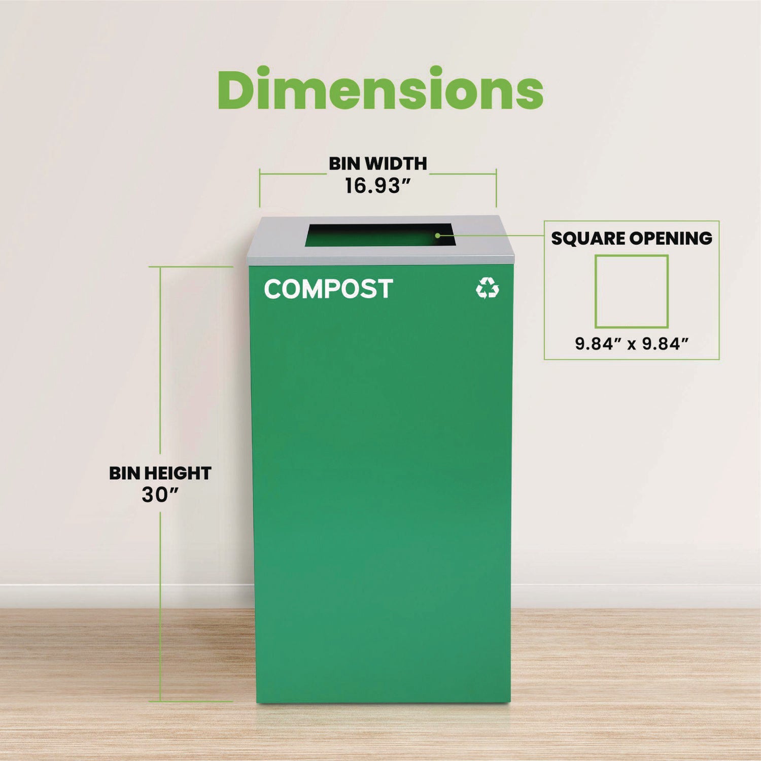 29 Gallon Trash/Recycling Cans, Steel, Green Compost Can with Square Lid