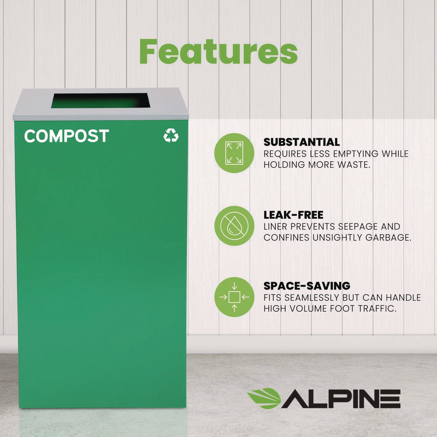 29 Gallon Trash/Recycling Cans, Steel, Green Compost Can with Square Lid