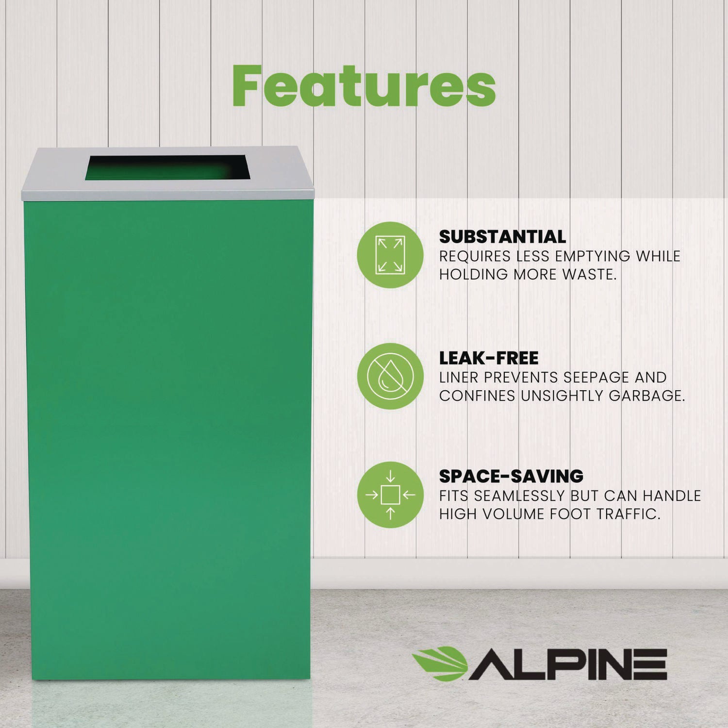 29 Gallon Trash/Recycling Cans, Steel, Green Can with Square Lid