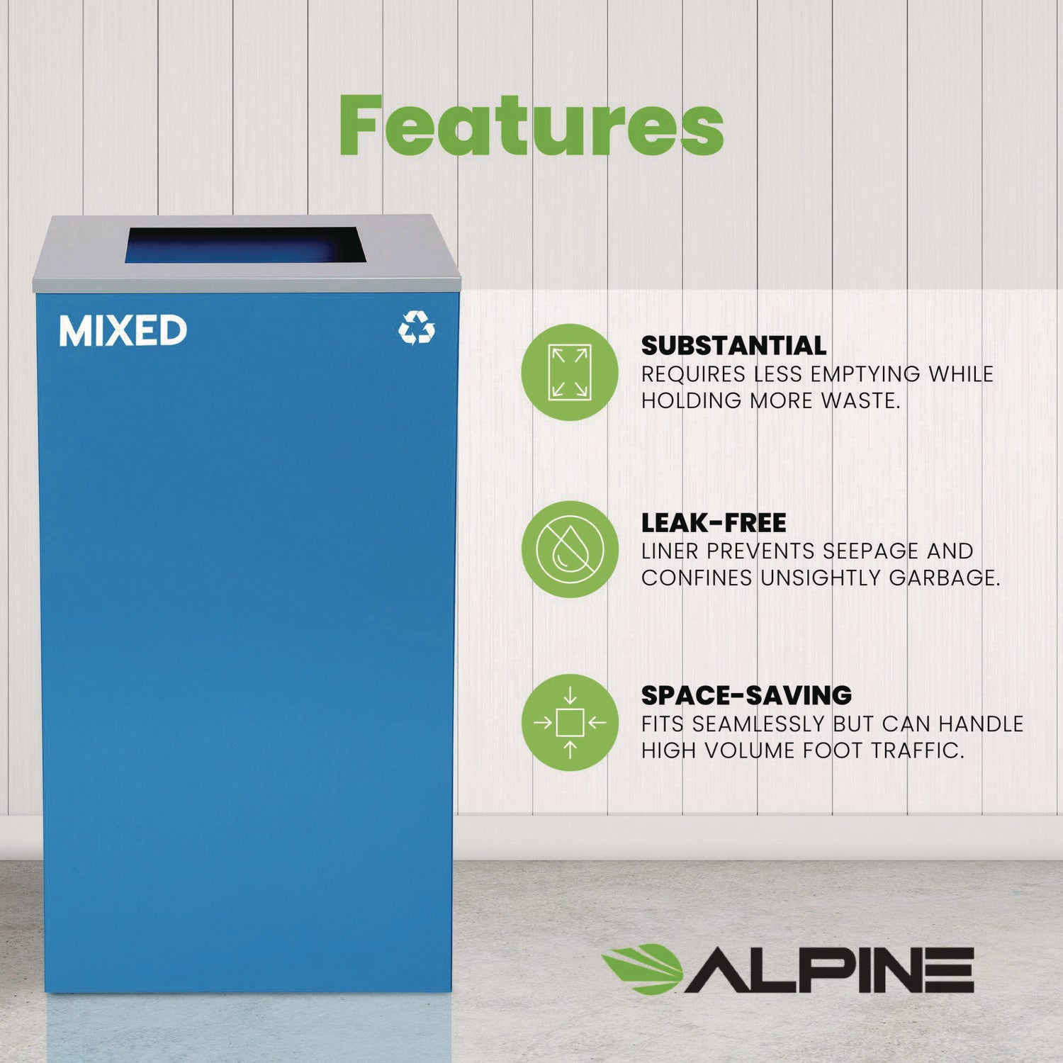 29 Gallon Trash/Recycling Cans, Steel, Blue Mixed Recycling Can with Square Lid