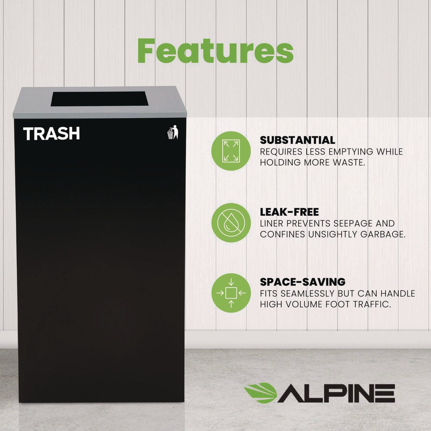 29 Gallon Trash/Recycling Cans, Steel, Black Trash Can with Square Lid