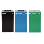 29 Gallon Trash/Recycling Cans, Steel, Blue Recycling Can and Black Trash Can w/Sq Lid, Green Recycling Can with Mixed Lid