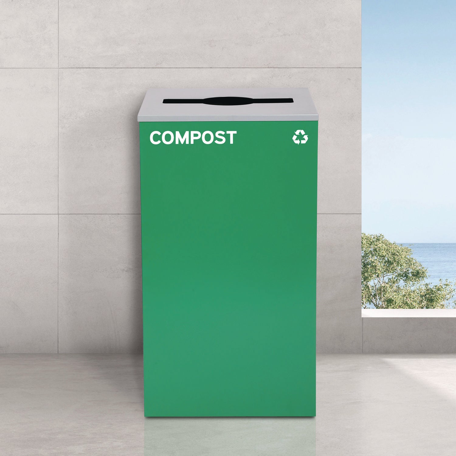29 Gallon Trash/Recycling Cans, Steel, Blue Recycling Can and Black Trash Can w/Square Lids, Green Compost Can with Mixed Lid