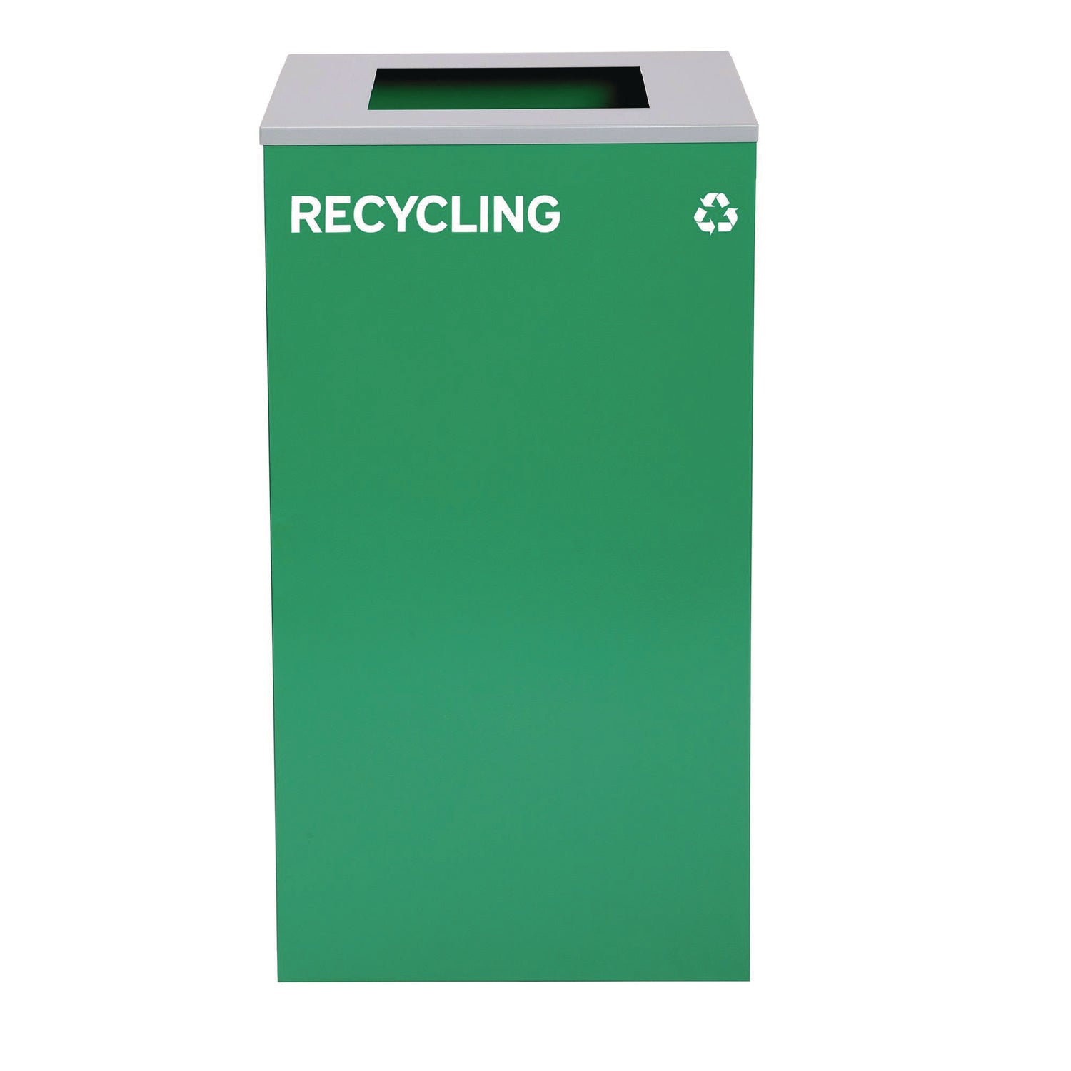 29 Gallon Trash/Recycling Cans, Steel, Blue Recycling Can w/Mixed Lid, Green Recycling Can and Black Trash Can with Sq Lid