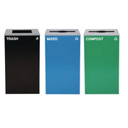 29 Gallon Trash/Recycling Cans, Steel, Blue Mixed Recycling and Green Compost Cans w/Mixed Lids, Black Trash Can w/Square Lid