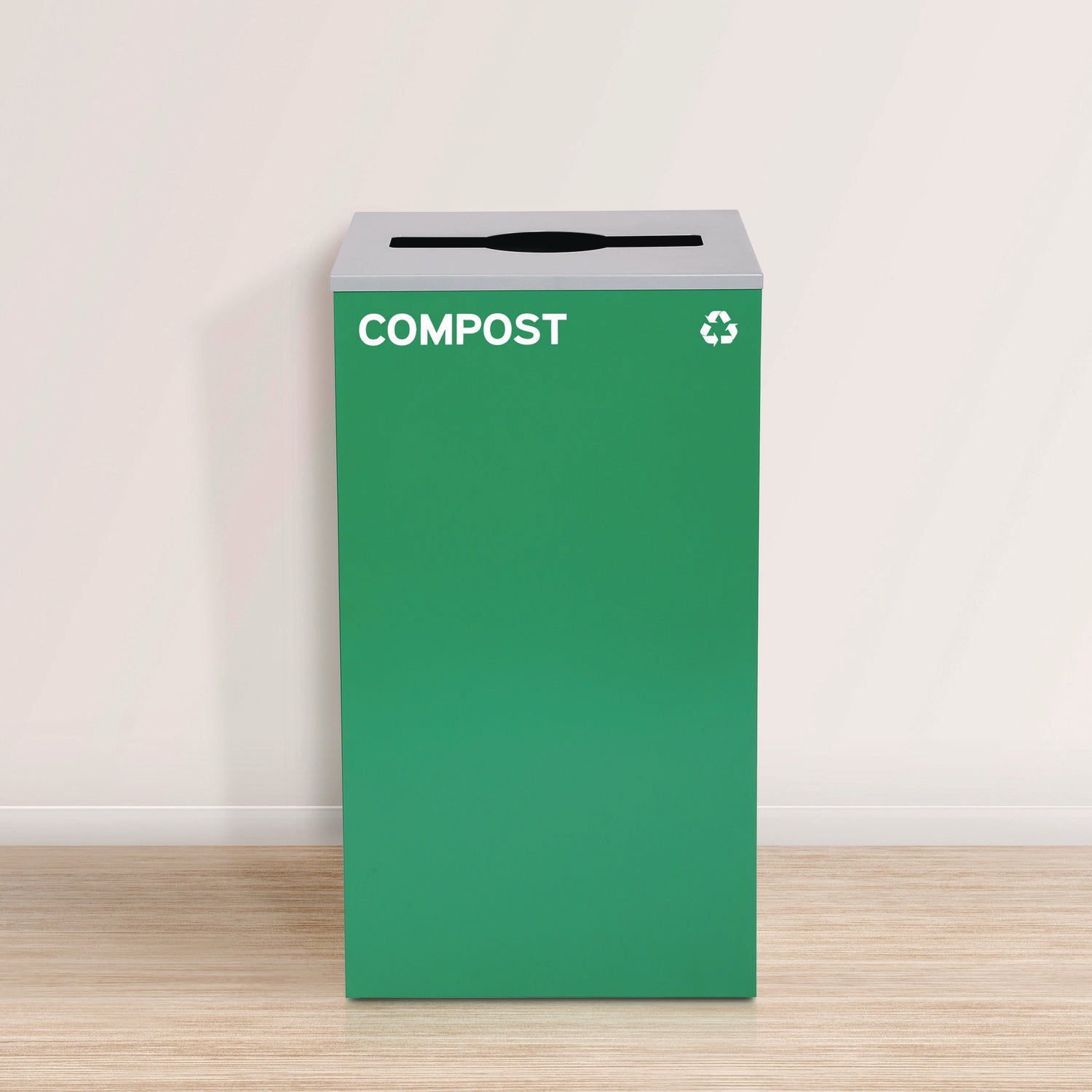 29 Gallon Trash/Recycling Cans, Steel, Blue Recycling Can w/Circle Lid, Green Compost w/Mixed Lid, Black Trash w/Square Lid