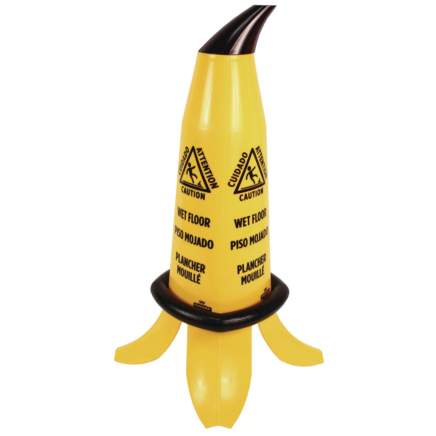English, Spanish, French Canadian - Print/Message "CAUTION" - 11" Width x 24" Height - Banana Cone Shape - Yellow, Yellow - 3 / Carton