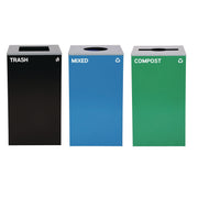 29 Gallon Trash/Recycling Cans, Steel, Blue Mixed Recycling w/Circle Lid, Green Compost w/Mixed Lid, Black Trash w/Square Lid