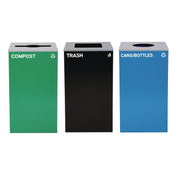 29 Gallon Trash/Recycling Cans, Steel, Blue Cans/Bottles Recycling w/Circle Lid, Green Compost w/Mixed Lid, BK Trash w/Sq Lid