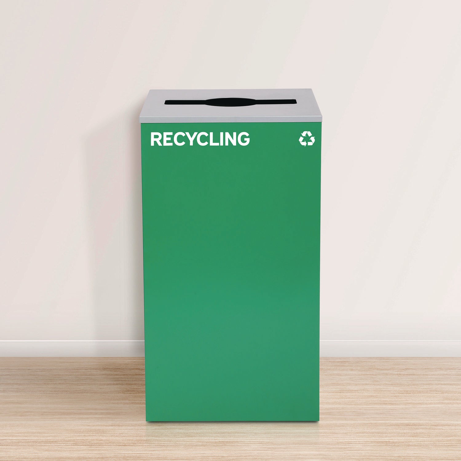 29 Gallon Trash/Recycling Cans, Steel, Blue Recycling Can w/Circle Lid, Green Recycling w/Mixed Lid, Black Trash w/Square Lid