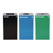 29 Gallon Trash/Recycling Cans, Steel, Blue Recycling Can w/Circle Lid, Green Recycling w/Mixed Lid, Black Trash w/Square Lid