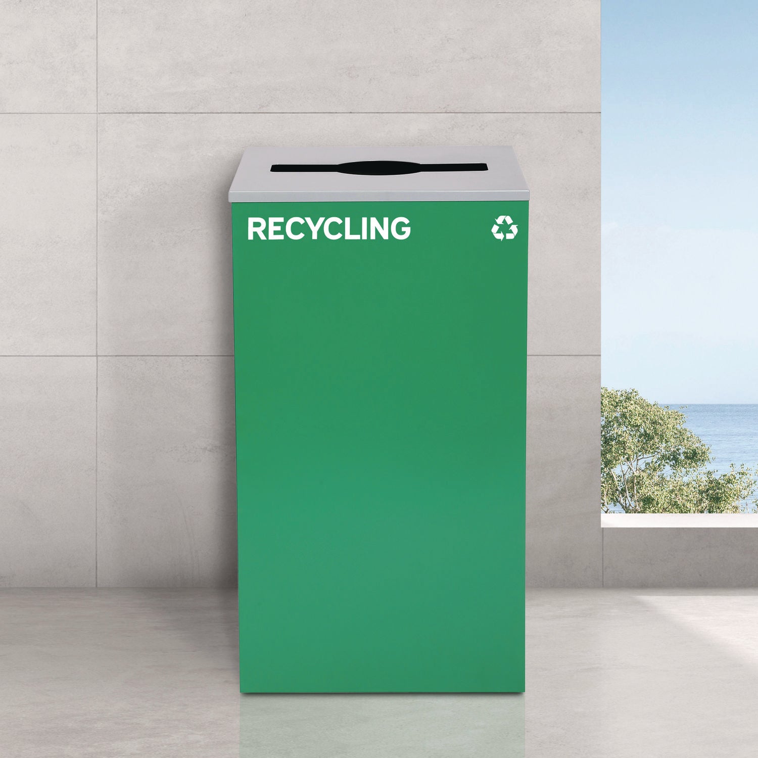 29 Gallon Trash/Recycling Cans, Steel, Blue Mixed Recycling w/Circle Lid, Green Recycling w/Mixed Lid, Black Trash w/Sq Lid
