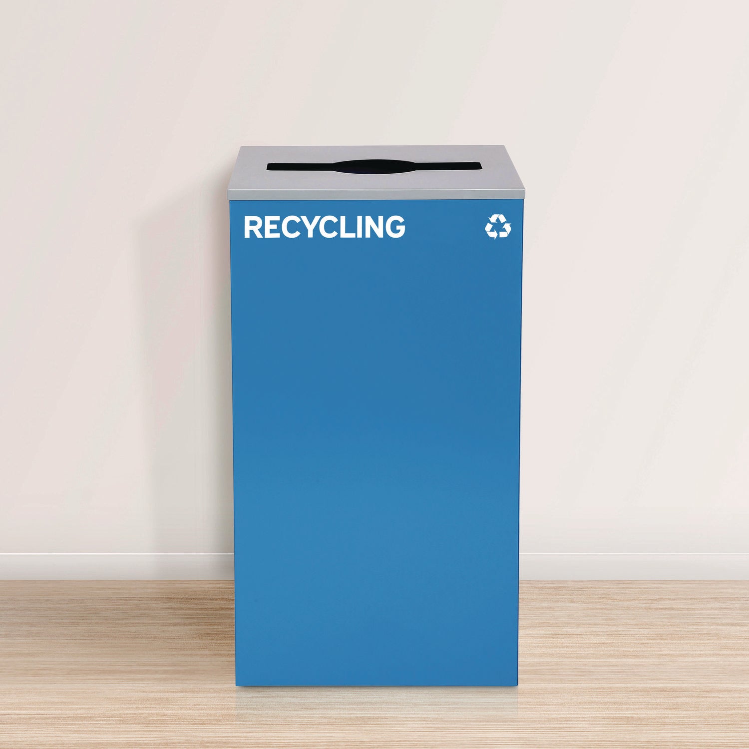 29 Gallon Trash/Recycling Cans, Steel, Blue Recycling and Green Mixed Recycling Can w/Mixed Lids, Black Trash Can w/Sq Lid