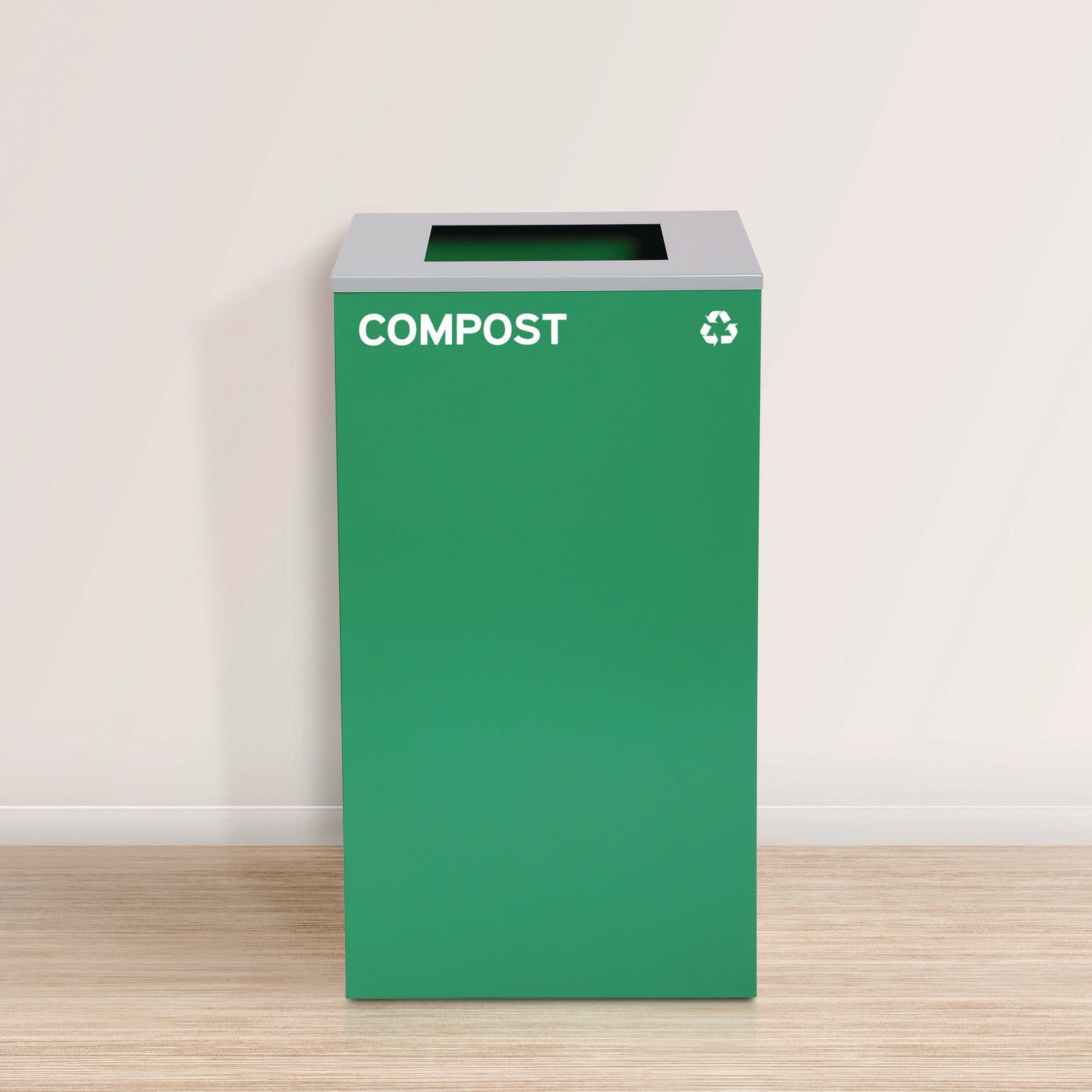 29 Gallon Trash/Recycling Cans, Steel, Blue Recycling Can w/Circle Lid, Green Compost Can and Black Trash Can w/Square Lids