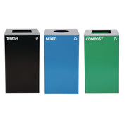 29 Gallon Trash/Recycling Cans, Steel, Blue Mixed Recycling Can w/Circle Lid, Green Compost and Black Trash Cans w/Sq Lids
