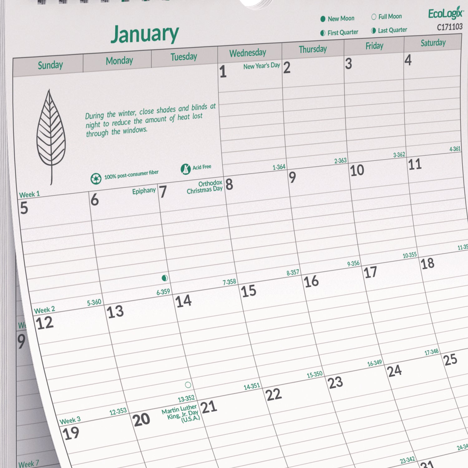 Brownline EcoLogix Monthly Wall Calendar, Twin-Wire Binding, 100% Recycled