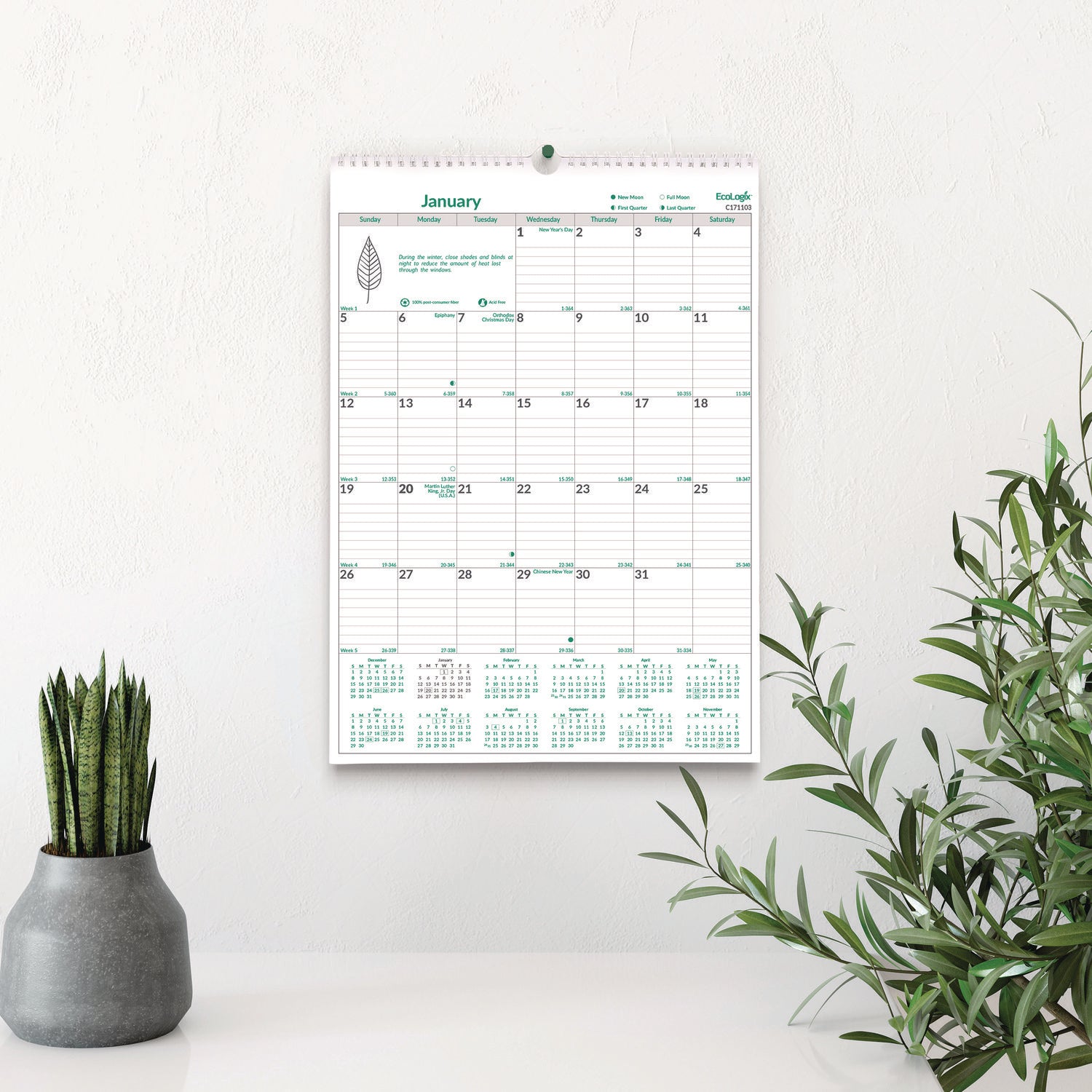 Brownline EcoLogix Monthly Wall Calendar, Twin-Wire Binding, 100% Recycled