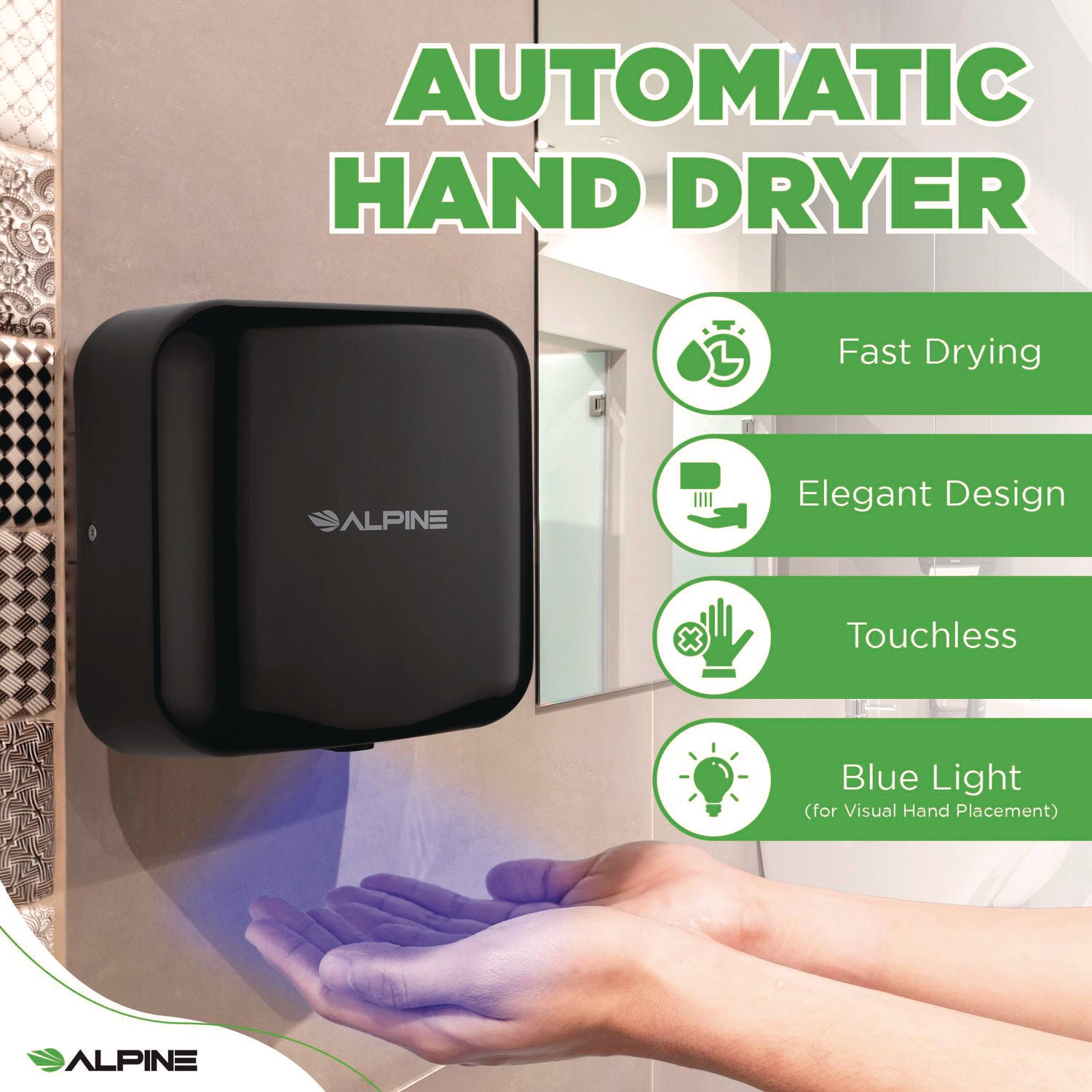 Hemlock Commercial Automatic 120V Hand Dryer, 6.69 x 11.41 x 12.31, Stainless Steel, Black