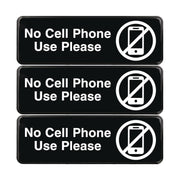 No Cell Phone Use Please Indoor/Outdoor Wall Sign, 9 x 3, Black Face, White Graphics, 3/Pack