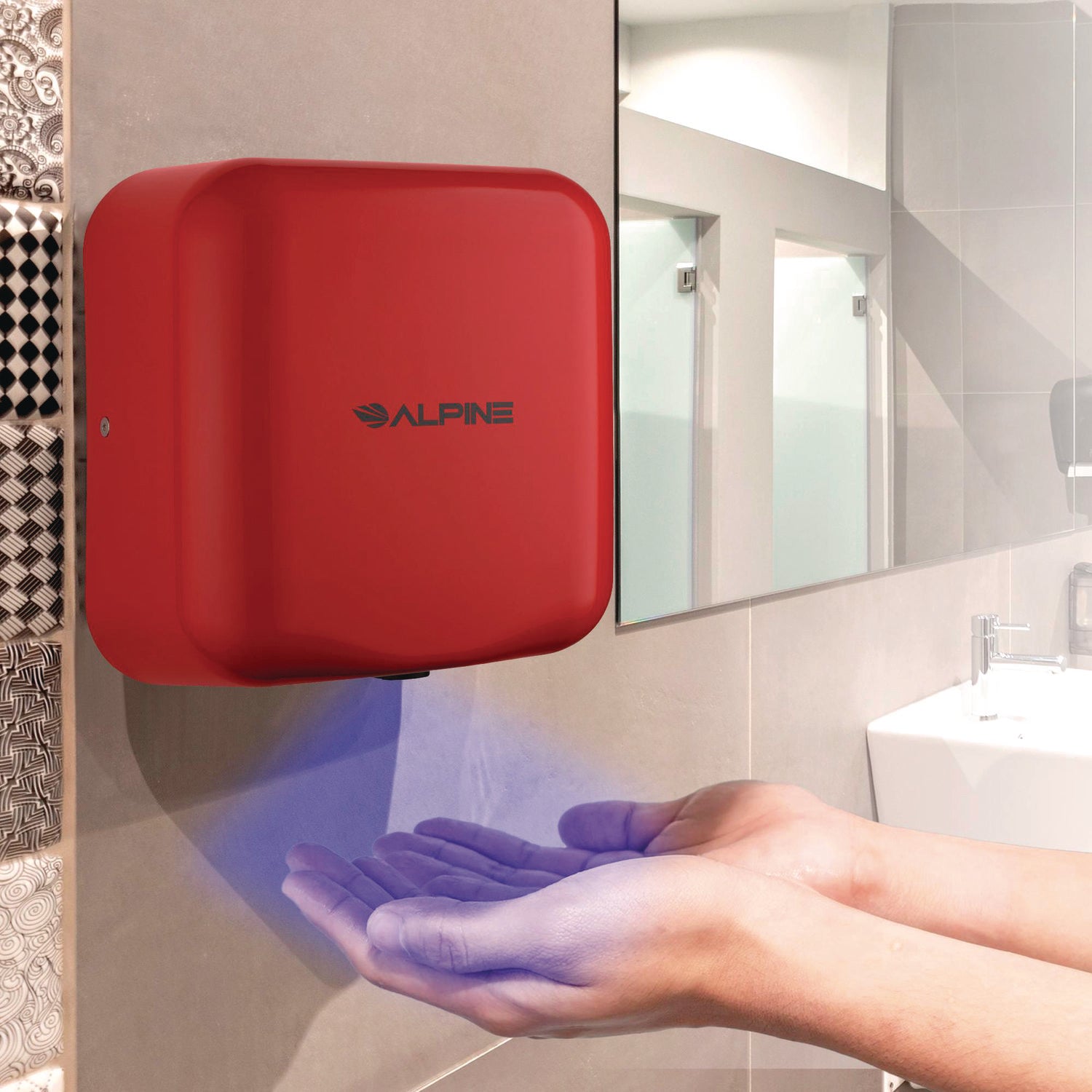 Hemlock Commercial Automatic 120V Hand Dryer, 6.68 x 11.41 x 12.31, Stainless Steel, Red