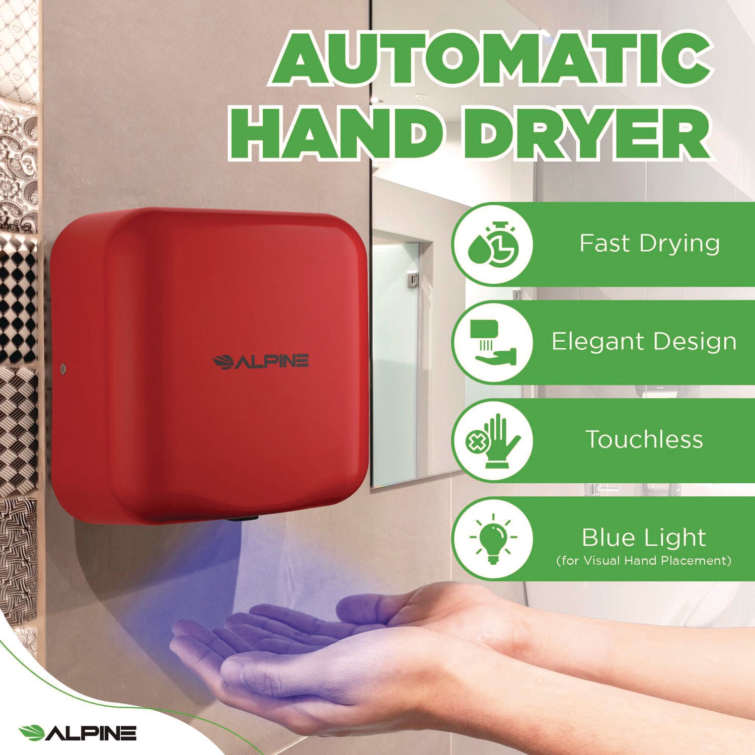Hemlock Commercial Automatic 120V Hand Dryer, 6.68 x 11.41 x 12.31, Stainless Steel, Red
