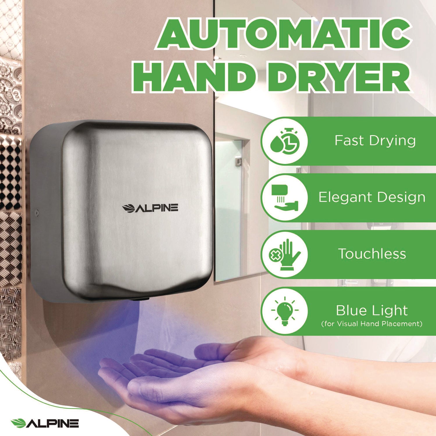Hemlock Commercial Automatic 120V Hand Dryer, 6.68 x 11.41 x 12.31, Stainless Steel, Silver