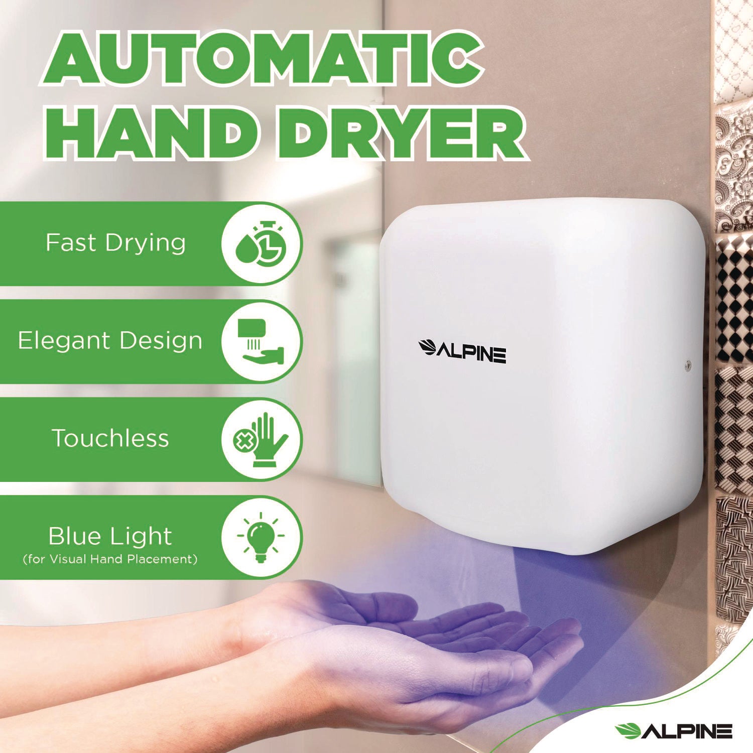 Hemlock Commercial 220V Automatic Hand Dryer, 6.68 x 11.41 x 12.31, Stainless Steel, White