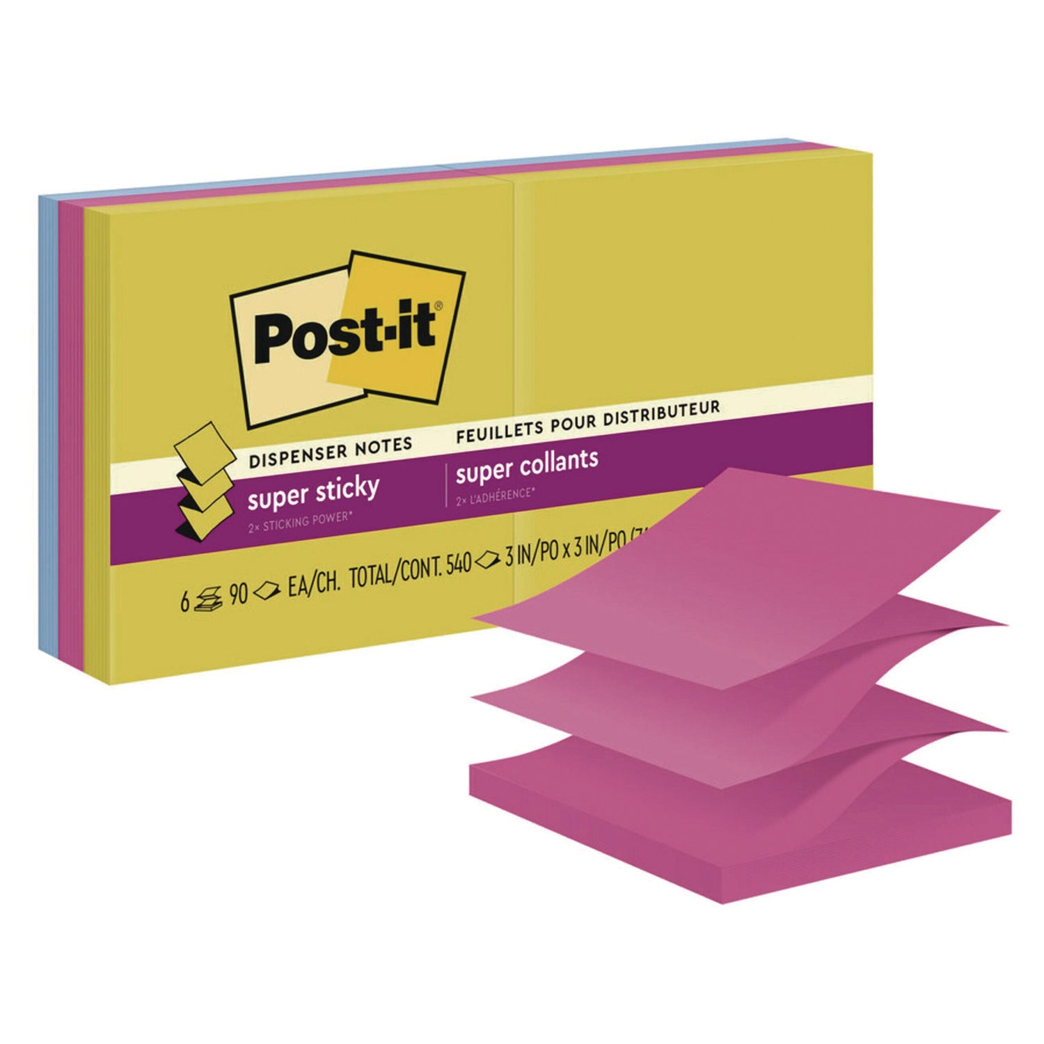 540 x Multicolor - 3" Flag/Note Width x 3" Flag/Note Length - 90 Sheets per Pad - Citron, Power Pink, Washed Denim - Recycled - 1 Pack