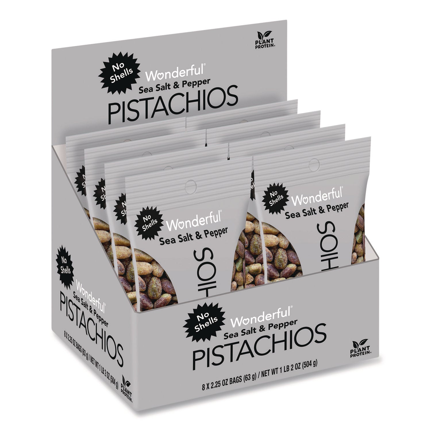 No Shells Sea Salt and Pepper Pistachios, 2.25 oz Pack, 8/Box
