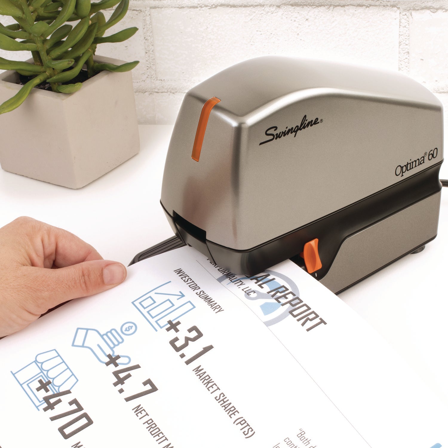 Optima 60 Electric Stapler, 60-Sheet Capacity, Silver/Black/Orange